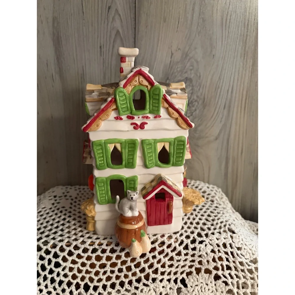 Ceramic Fall Harvest House Tea Light Holder Cats Scarecrow Pumpkin Autumn Decor